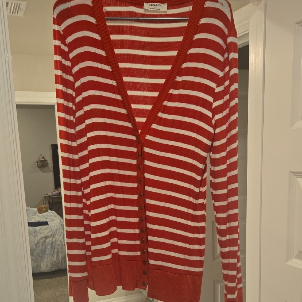 Zenana Outfitters Red and White Striped Cardigan